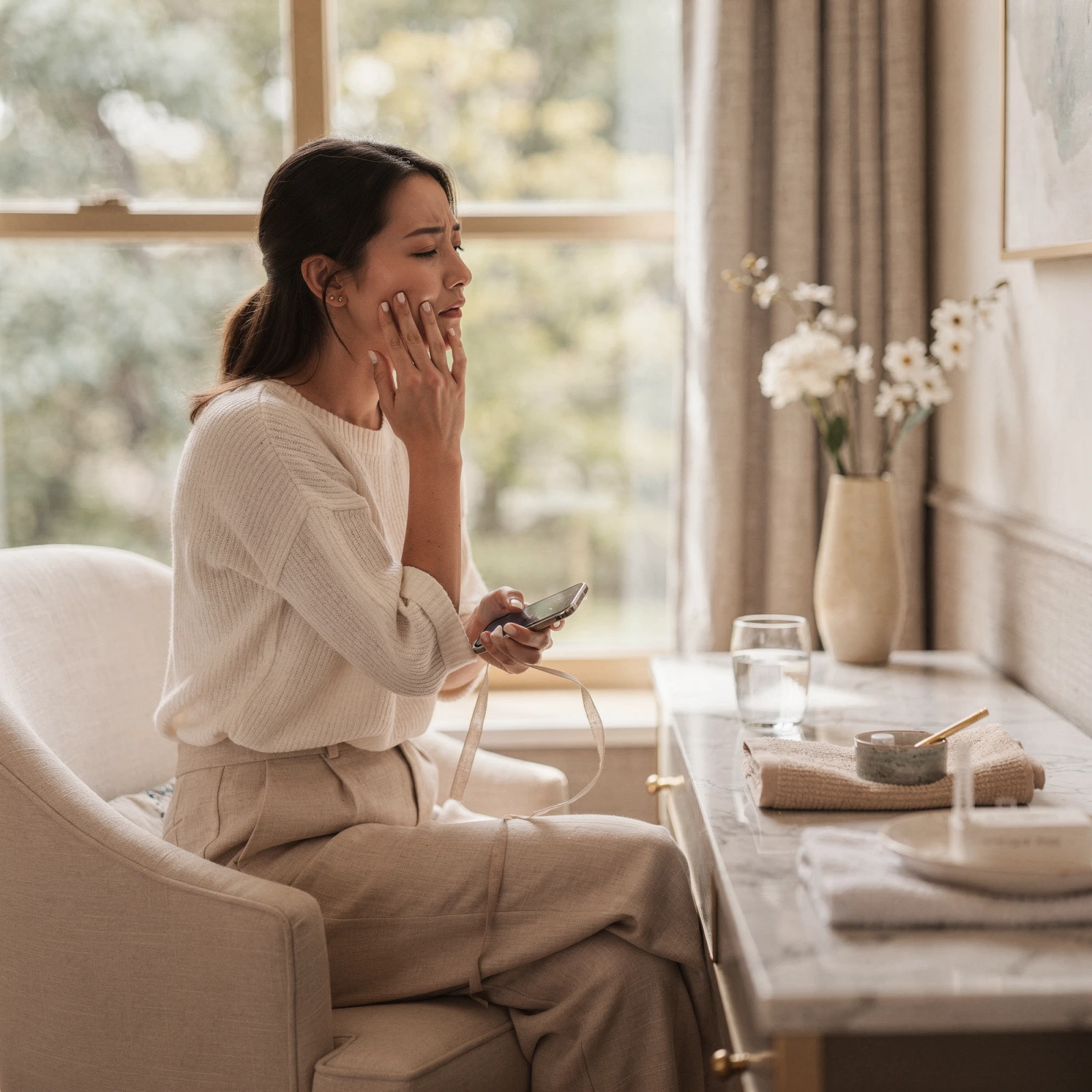 Woman holding her cheek in discomfort while sitting by a window, experiencing tooth pain